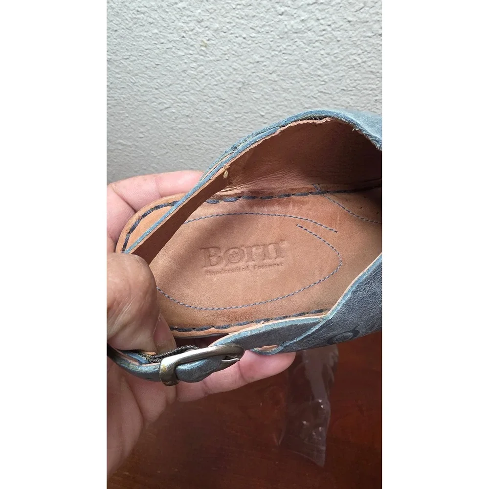 Born MJJ2 Leather Wedge Sandals Womens 10 Blue Grey Crisscross Slingback MJJ2